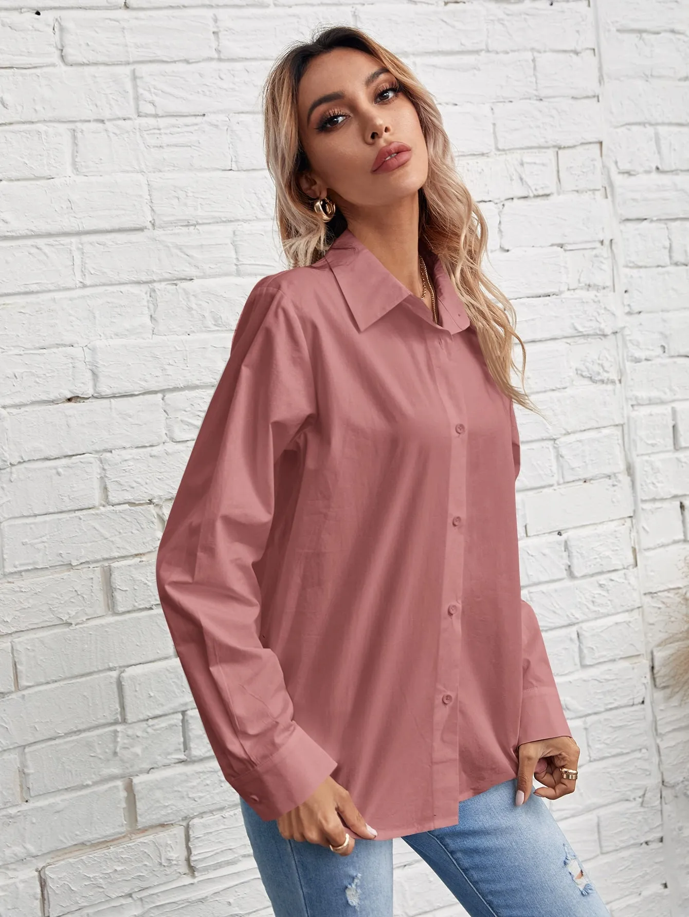Solid Button Front Blouse