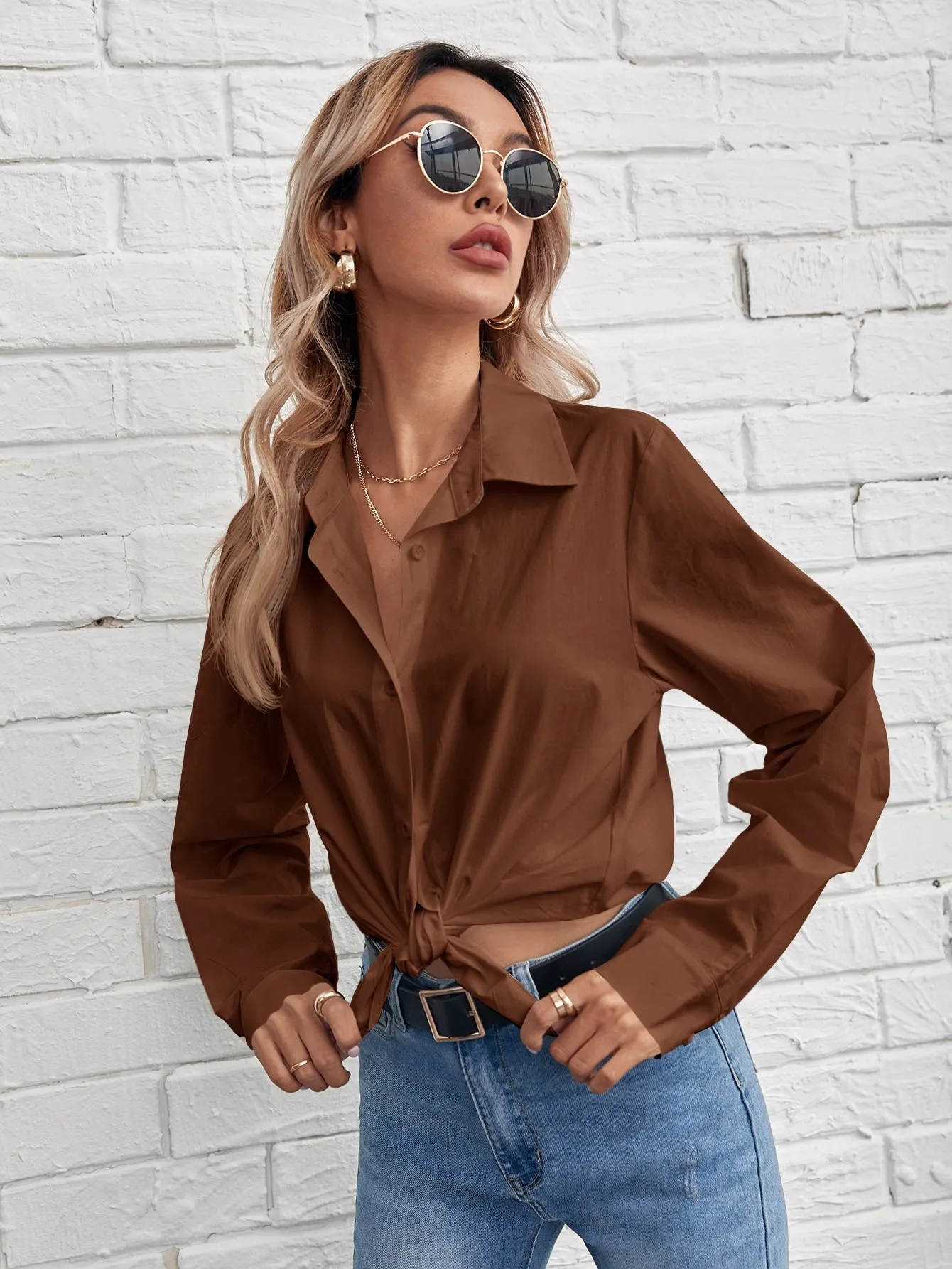 Solid Button Front Blouse