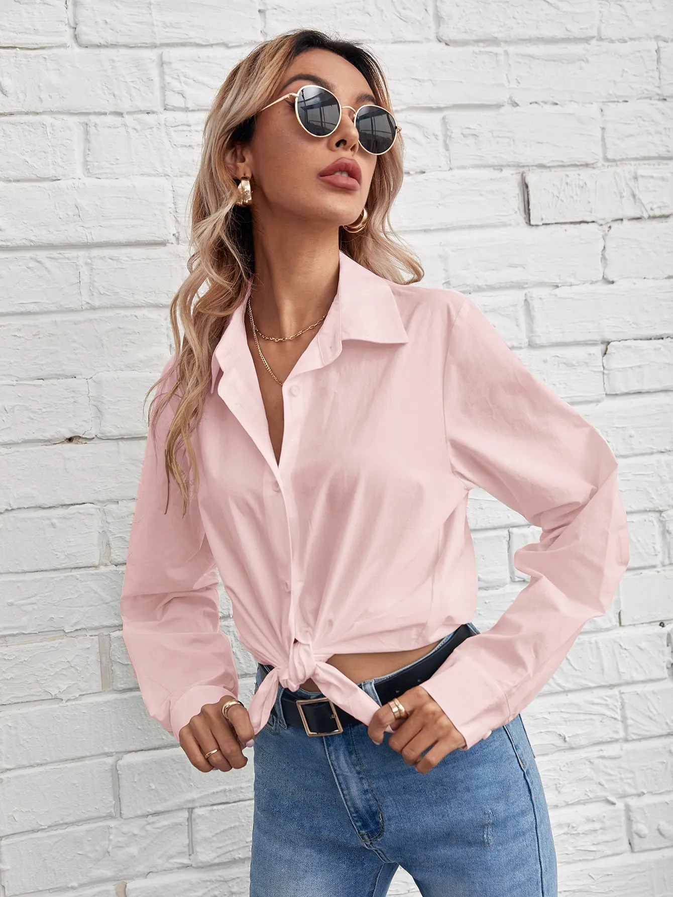 Solid Button Front Blouse