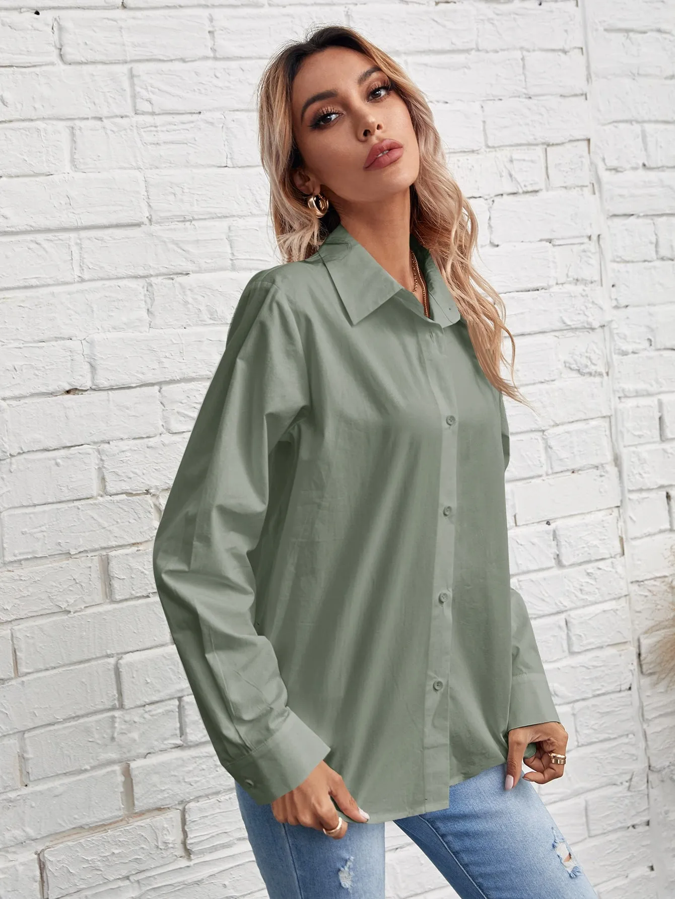 Solid Button Front Blouse