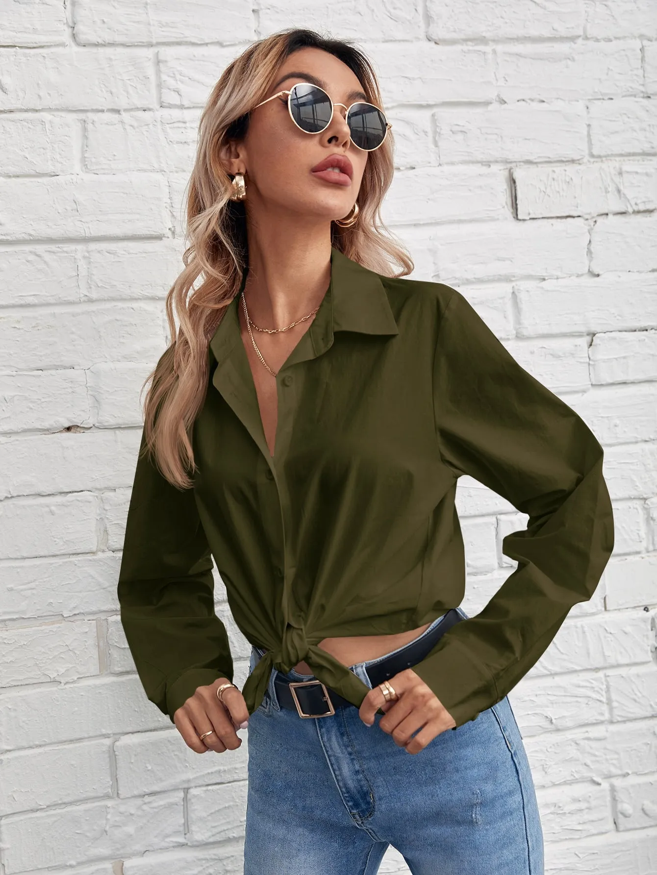 Solid Button Front Blouse