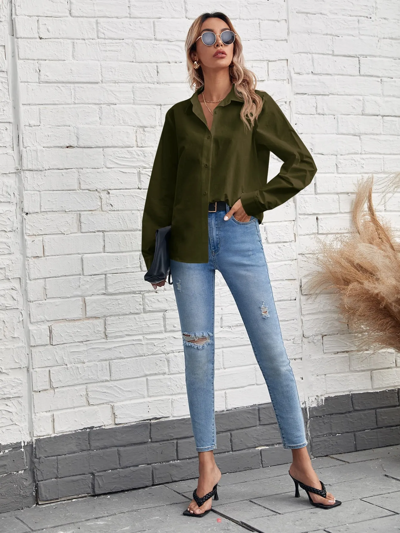 Solid Button Front Blouse
