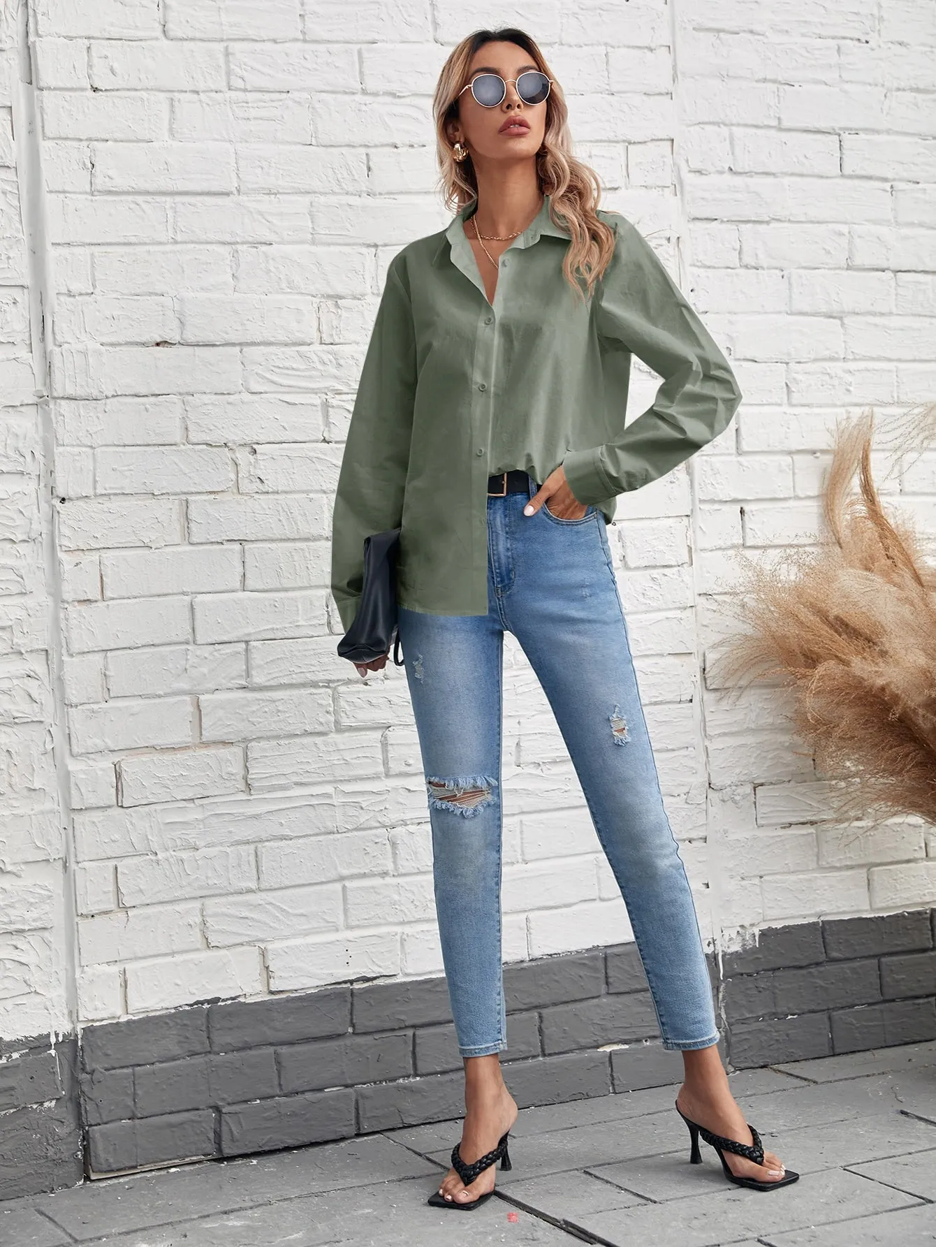 Solid Button Front Blouse