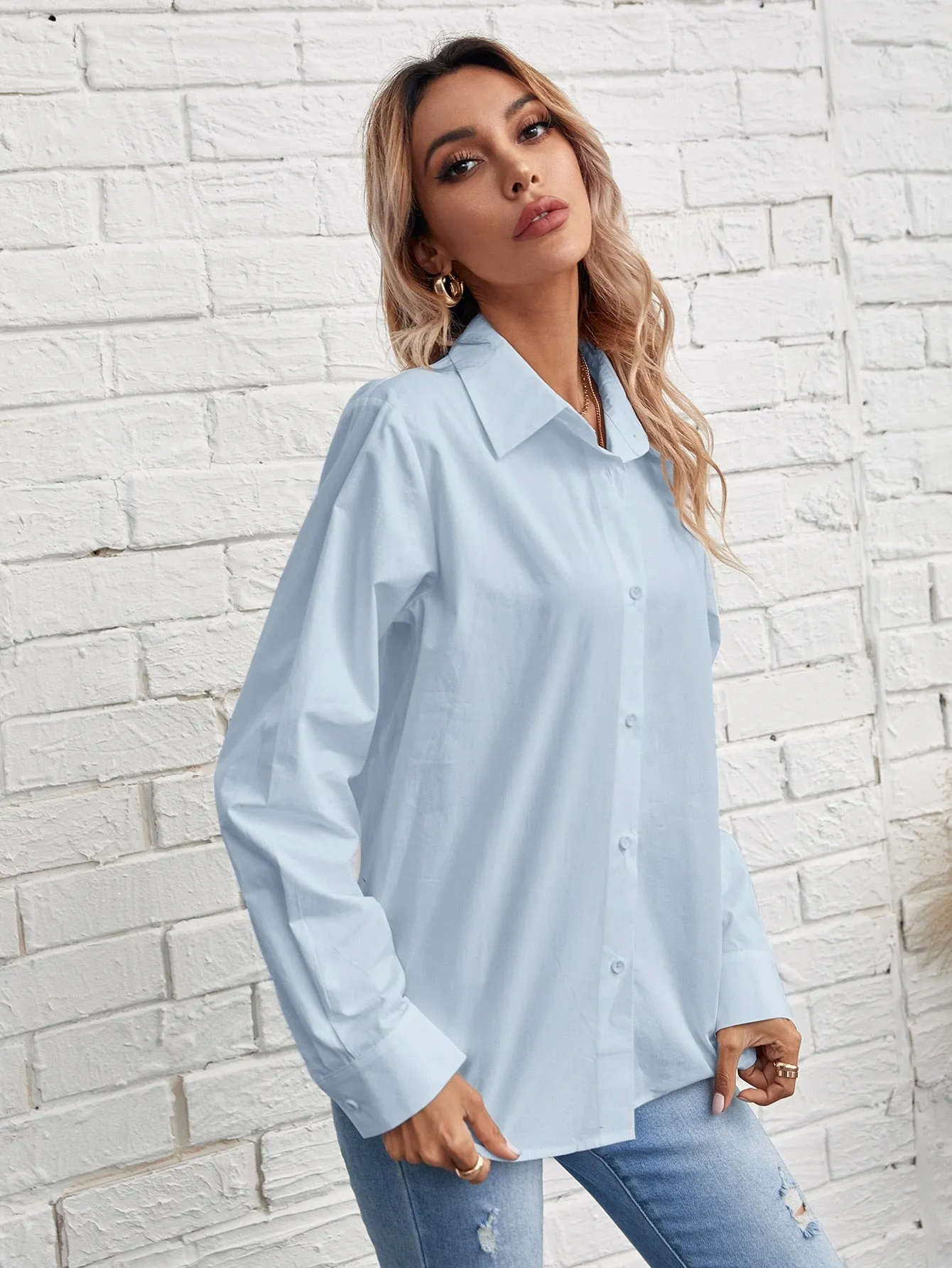 Solid Button Front Blouse