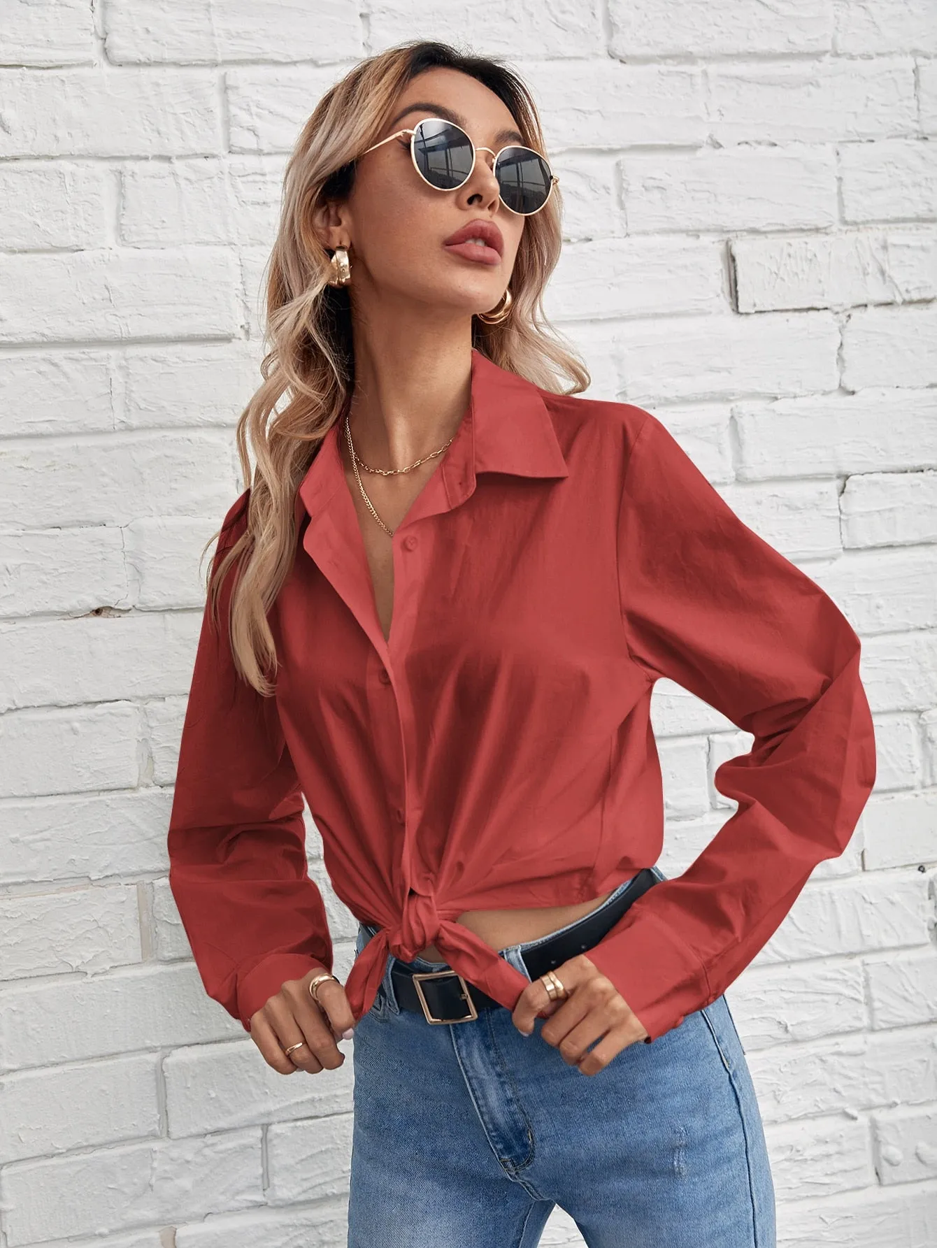 Solid Button Front Blouse