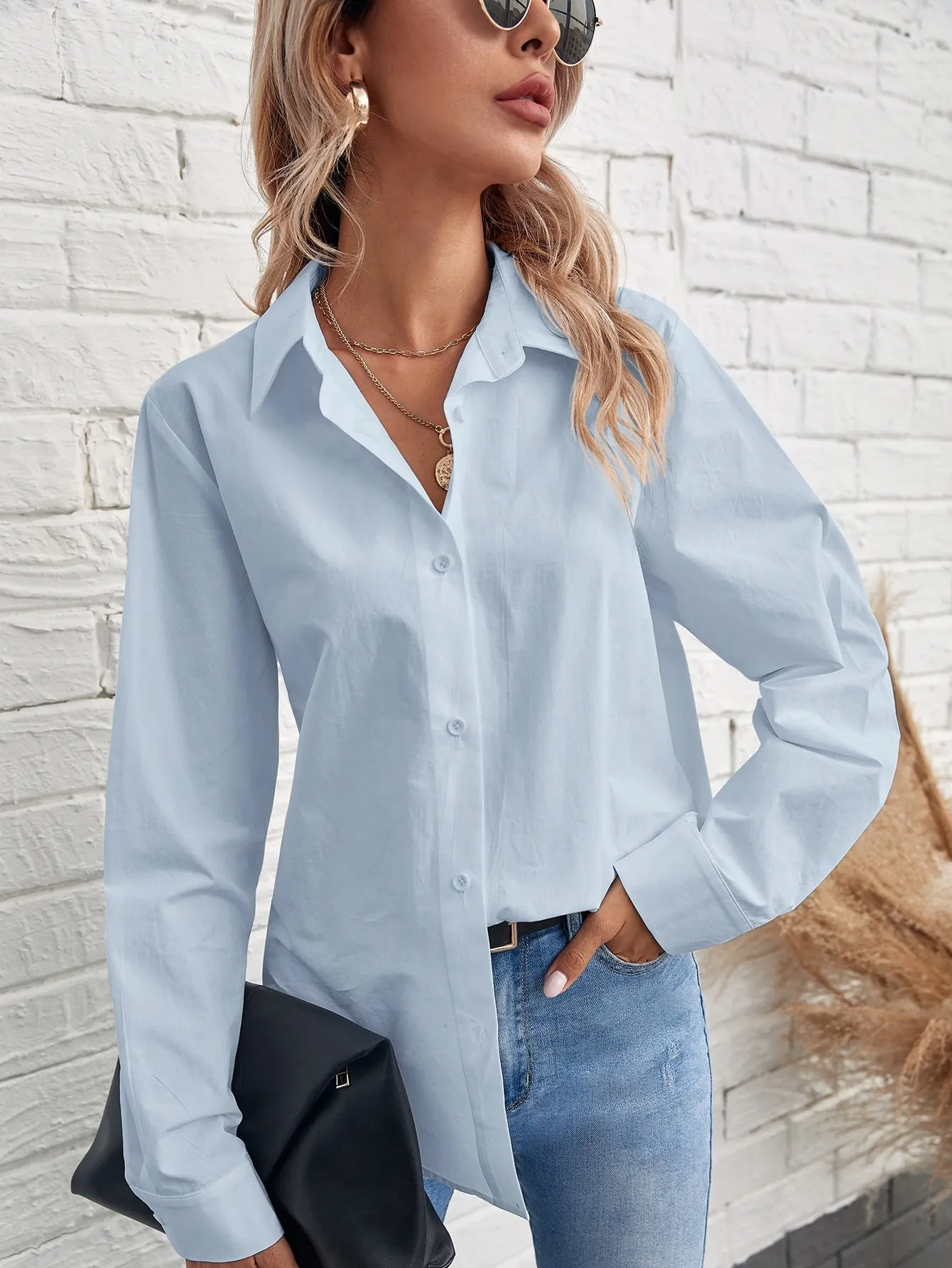 Solid Button Front Blouse