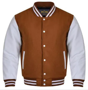 Spine Spark Light Brown Wool Varsity Jacket White Leather Sleeves