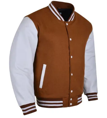 Spine Spark Light Brown Wool Varsity Jacket White Leather Sleeves