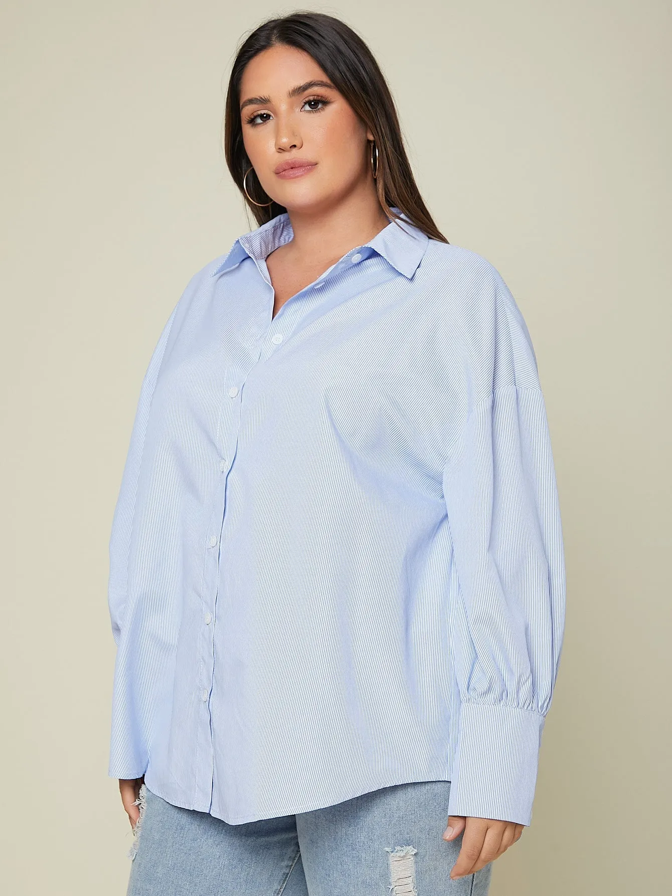 Striped Button Front Long Sleeve Collar Long Plus Blouse