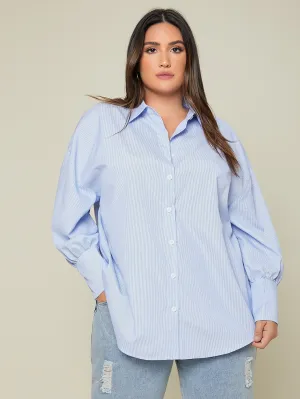 Striped Button Front Long Sleeve Collar Long Plus Blouse