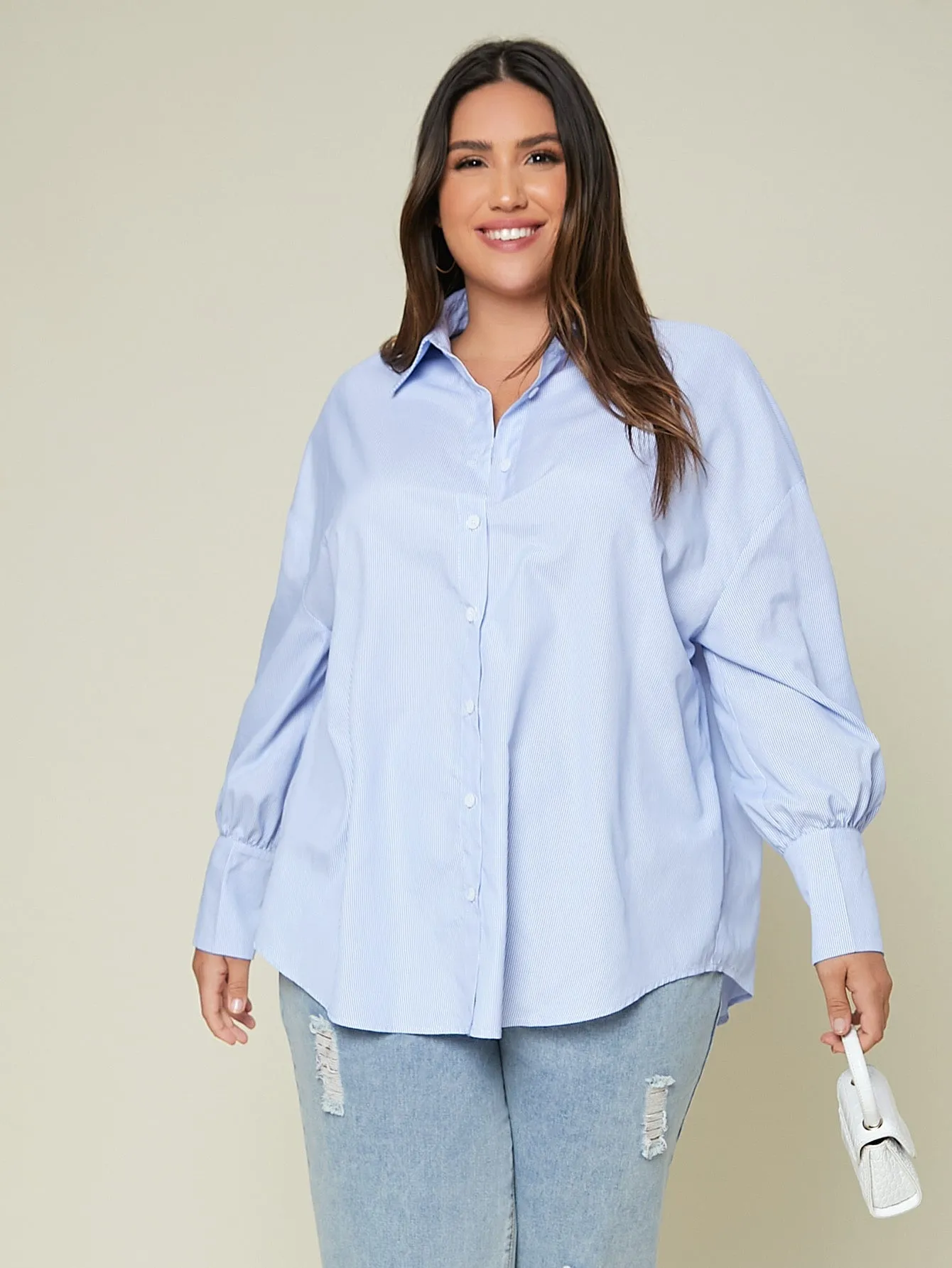Striped Button Front Long Sleeve Collar Long Plus Blouse