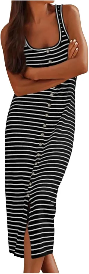 Striped Dress for Women, Summer Dresses 2025 Trendy Casual Button Down Dress, Sleeveless Midi Square Neck Tank Dress