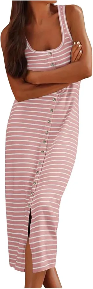 Striped Dress for Women, Summer Dresses 2025 Trendy Casual Button Down Dress, Sleeveless Midi Square Neck Tank Dress