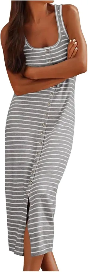 Striped Dress for Women, Summer Dresses 2025 Trendy Casual Button Down Dress, Sleeveless Midi Square Neck Tank Dress