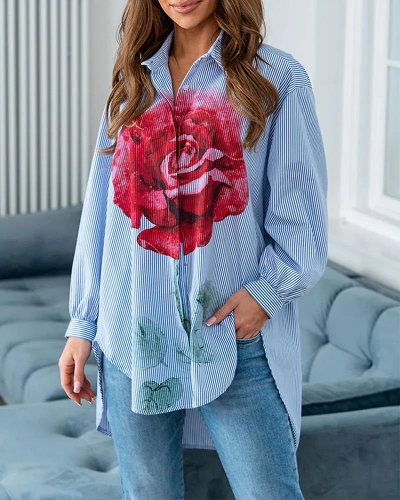 Striped Rose Print Dip Hem Casual Top