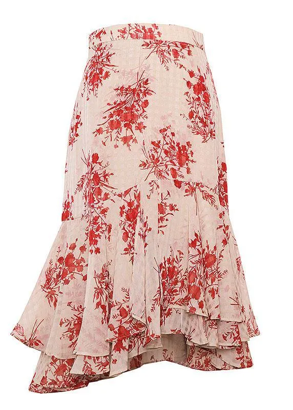 Stylish Pink Print Ruffles High Waist Mermaid Skirts