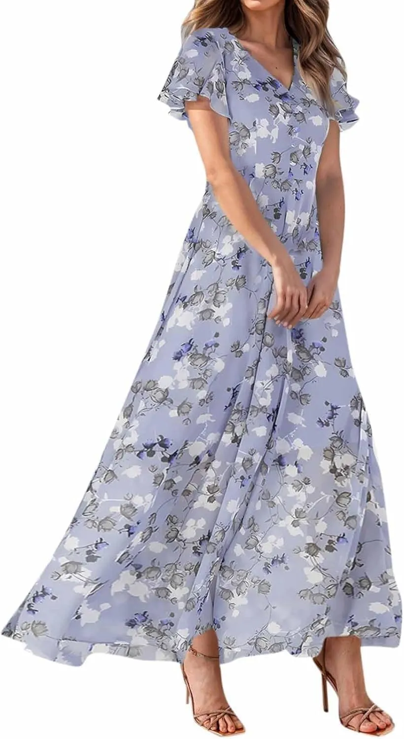 Summer Dresses for Women 2024 Flowy Elegant Summer Maxi Dress Floral Chiffon Short Sleeve V-Neck Garden Party Dress (03-Purple,Small)