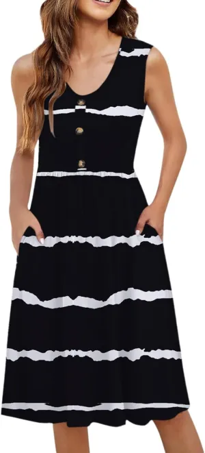 Summer Floral Midi Dress for Women Loose U Neck Casual Sleeveless 2025 Beach Floral Print Sundresses Dress with Pockets