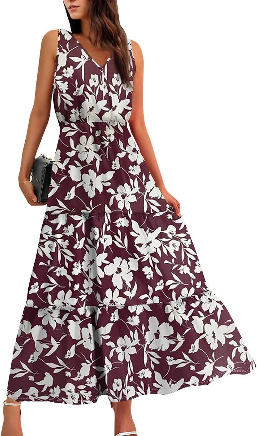 Summer Maxi Dresses for Women 2025 Casual V Neck Sleeveless Floral Long Dress Smocked Beach Wedding Guest Flowy Dresses