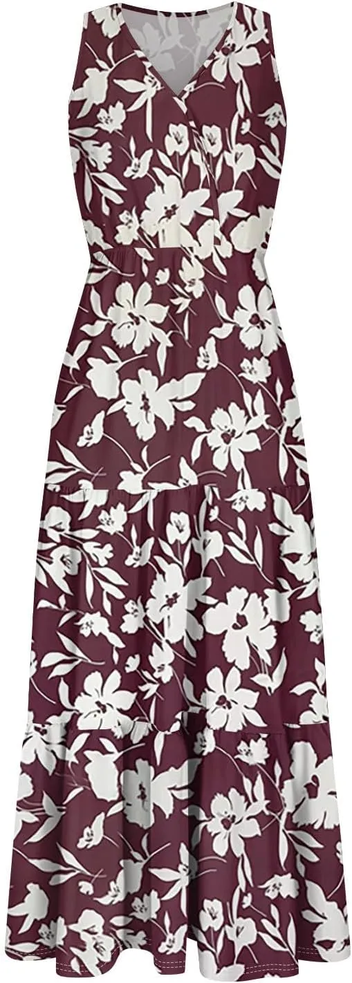 Summer Maxi Dresses for Women 2025 Casual V Neck Sleeveless Floral Long Dress Smocked Beach Wedding Guest Flowy Dresses