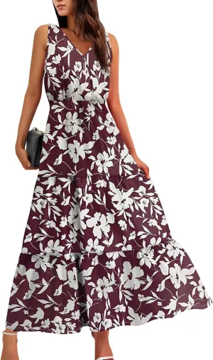 Summer Maxi Dresses for Women 2025 Casual V Neck Sleeveless Floral Long Dress Smocked Beach Wedding Guest Flowy Dresses