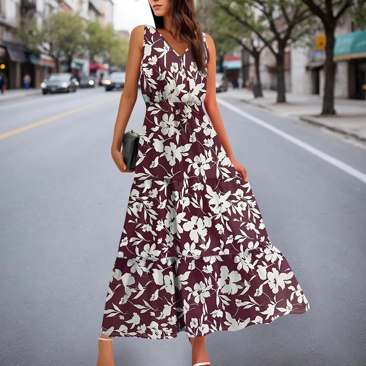 Summer Maxi Dresses for Women 2025 Casual V Neck Sleeveless Floral Long Dress Smocked Beach Wedding Guest Flowy Dresses