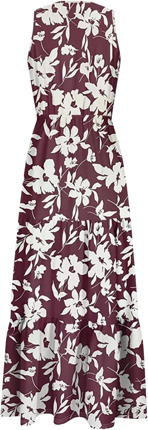 Summer Maxi Dresses for Women 2025 Casual V Neck Sleeveless Floral Long Dress Smocked Beach Wedding Guest Flowy Dresses