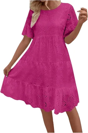 Trendy Womens Casual Dresses Eyelet Lace Tiered Mini Dress Short Sleeve Loose Fit Comfy Summer Beach Sundresses