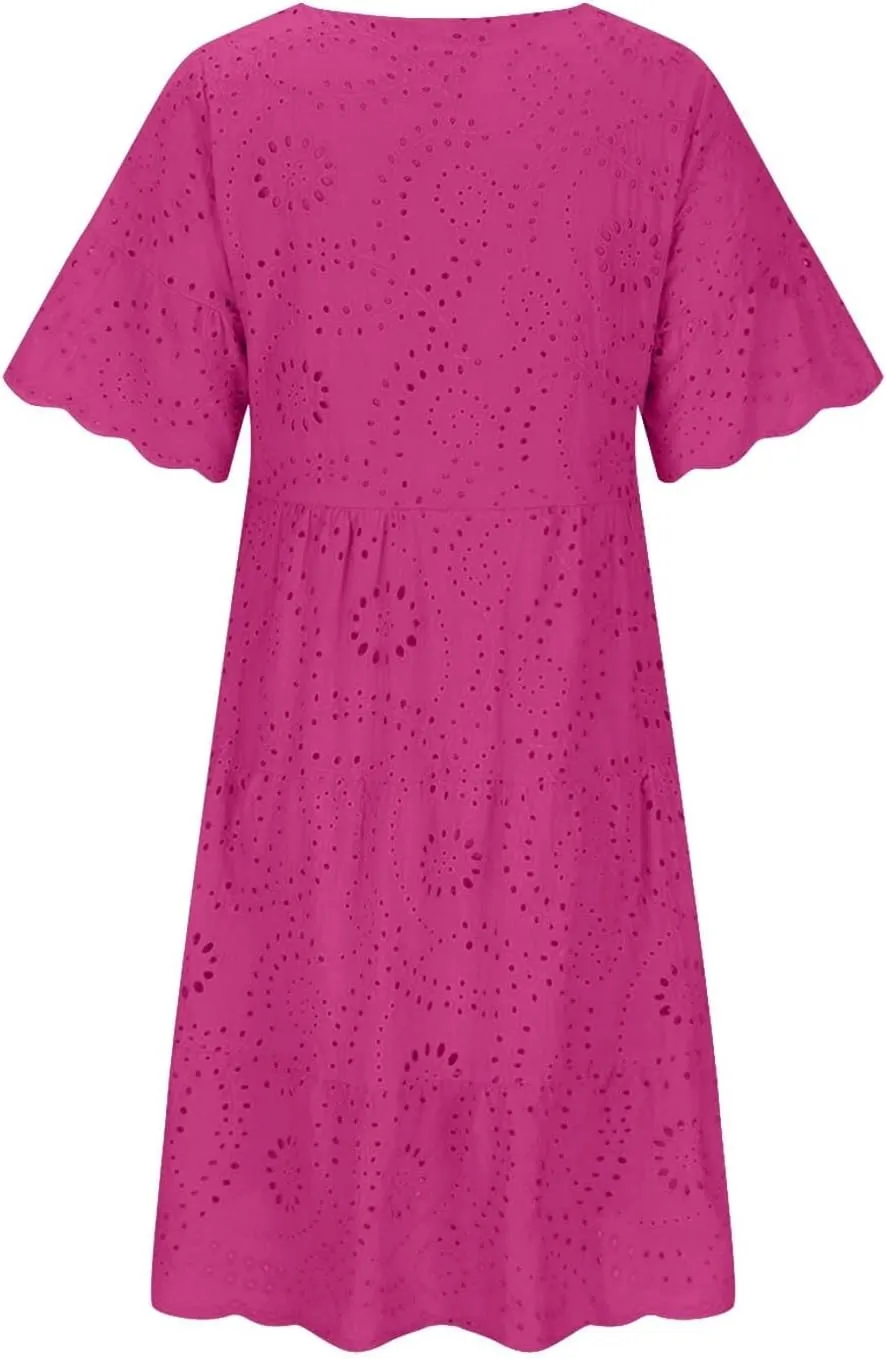 Trendy Womens Casual Dresses Eyelet Lace Tiered Mini Dress Short Sleeve Loose Fit Comfy Summer Beach Sundresses
