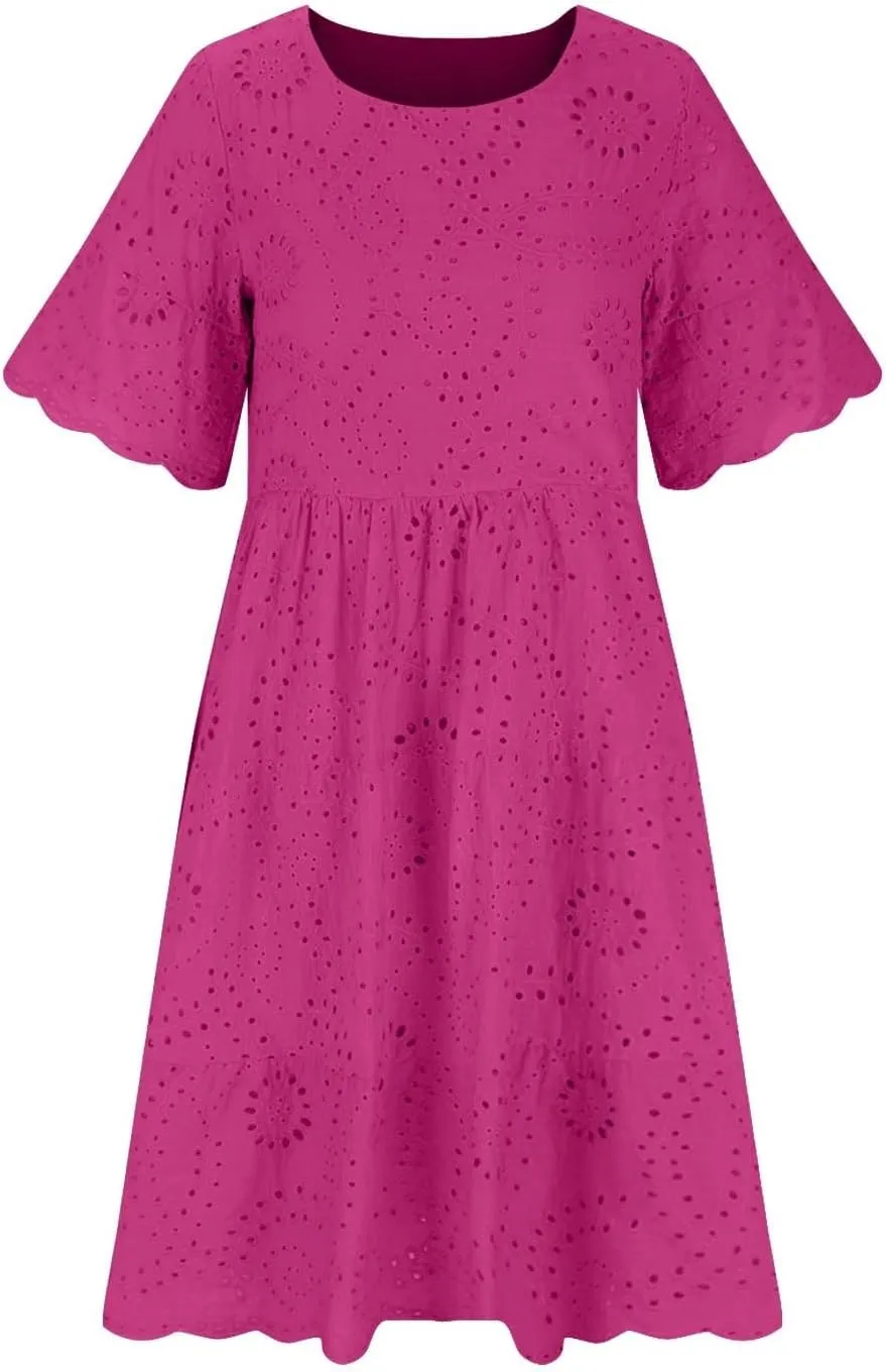 Trendy Womens Casual Dresses Eyelet Lace Tiered Mini Dress Short Sleeve Loose Fit Comfy Summer Beach Sundresses