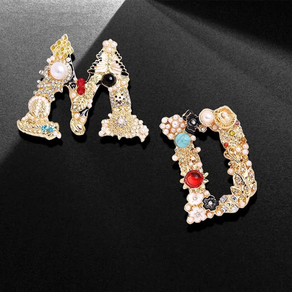 Versailles series Baroque Retro Brooch pins for Women Men Pearl Rhinestone Initial Letter Alphabet Facial Makeup Corsage delicate accessory