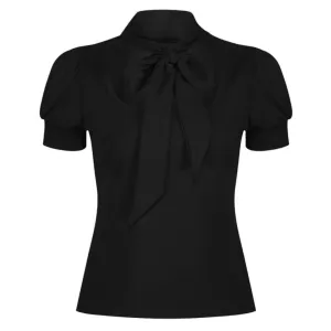 Vintage Black Puff Sleeve Tie Neck Top