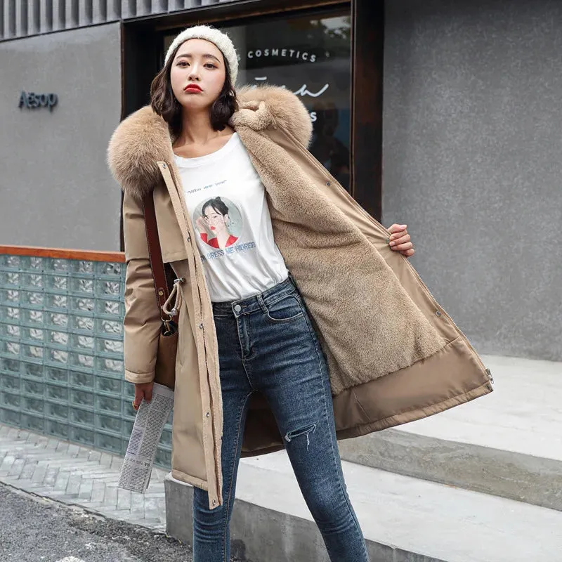 Warm Parka Coat with Fur Lining and Hooded Collar