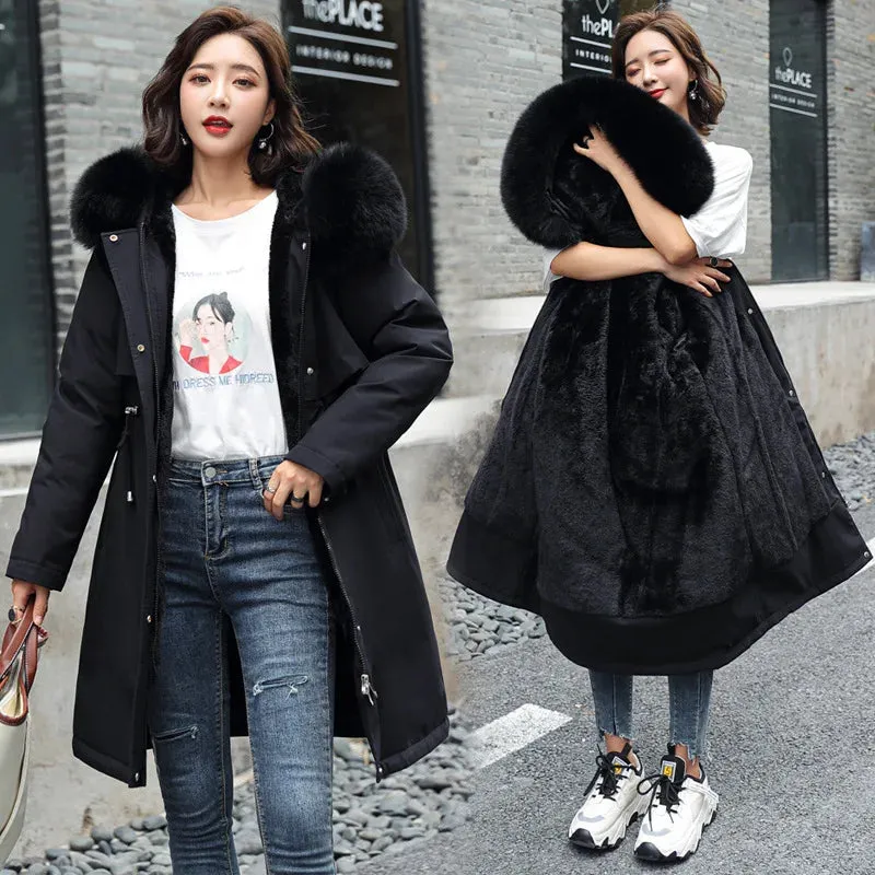 Warm Parka Coat with Fur Lining and Hooded Collar