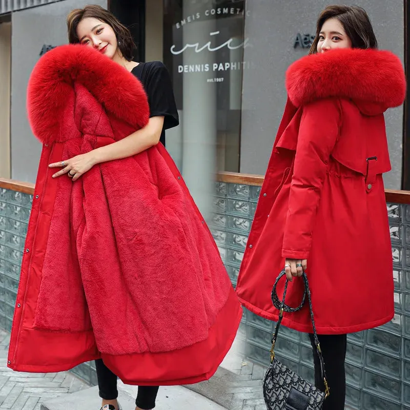 Warm Parka Coat with Fur Lining and Hooded Collar