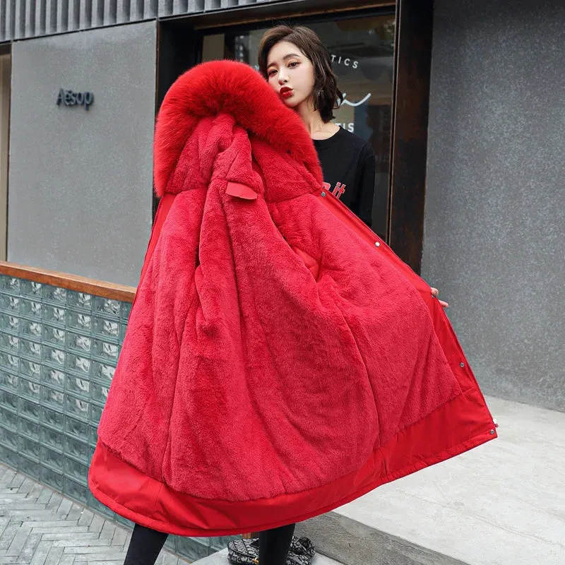 Warm Parka Coat with Fur Lining and Hooded Collar