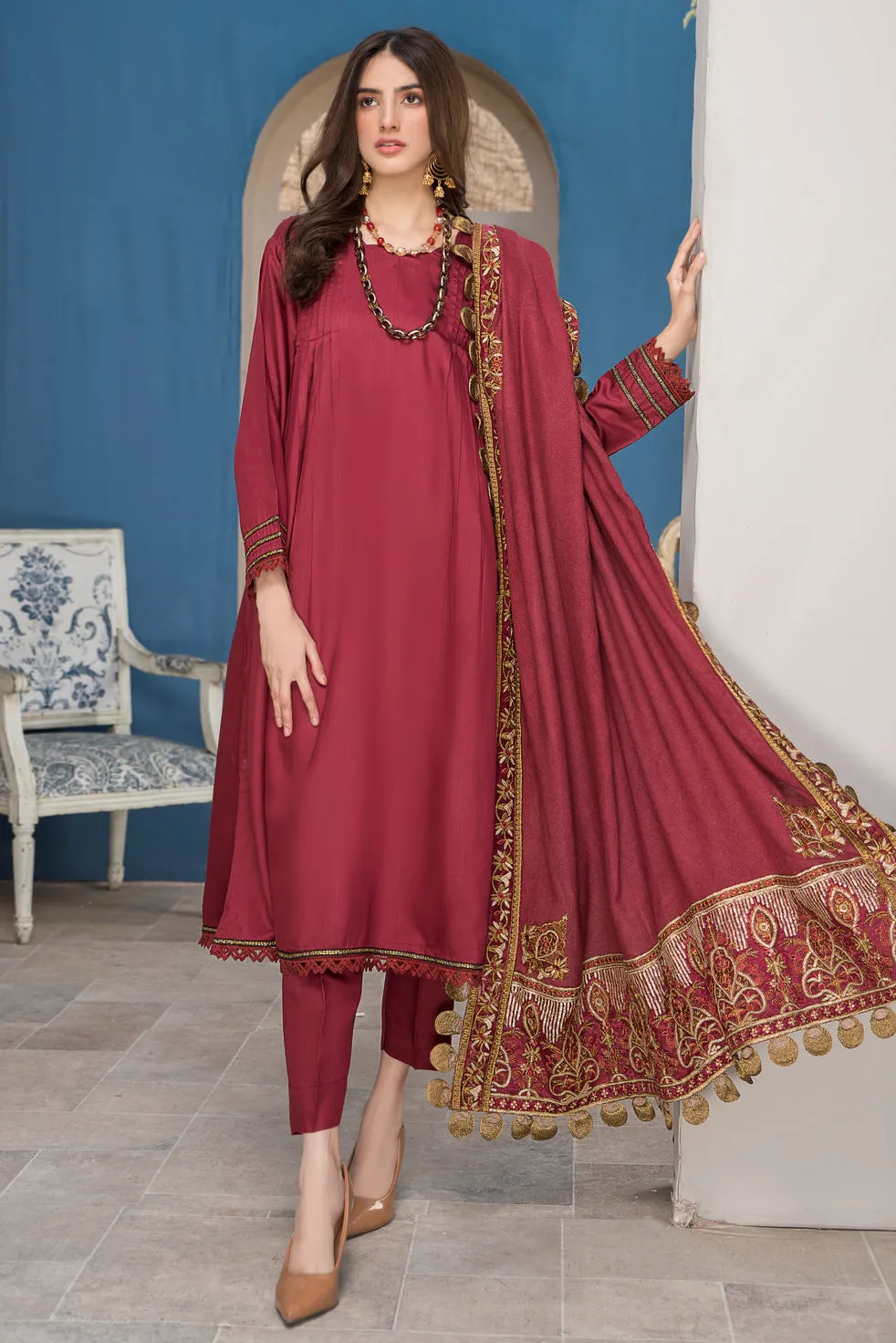 Winter Ready to Wear 3pc Embroidered Dress in Linen with wool shawl 03