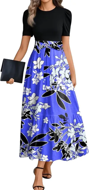 Women 2025 Summer Casual Round Neck Short Sleeve Long Tiered Floral Maxi Flowy Beach Dress
