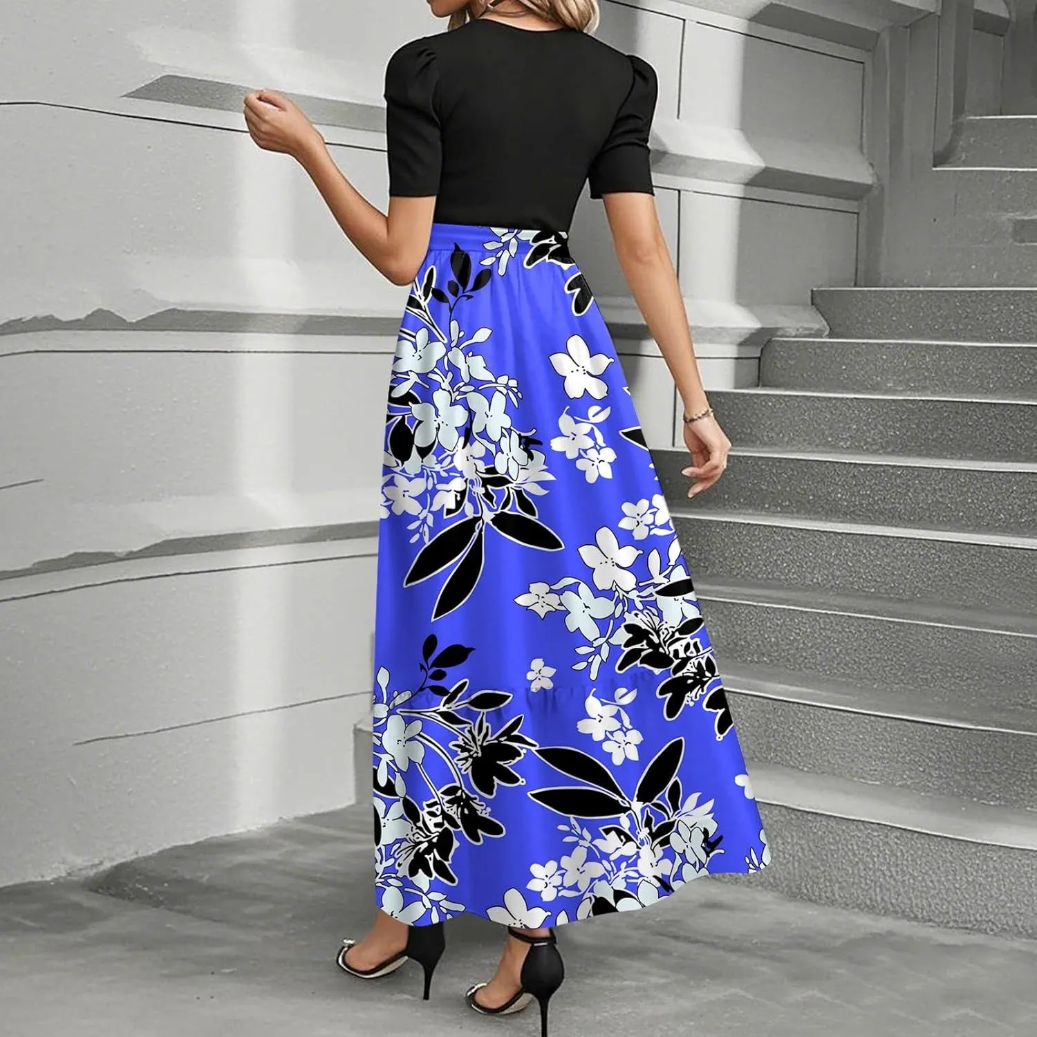 Women 2025 Summer Casual Round Neck Short Sleeve Long Tiered Floral Maxi Flowy Beach Dress