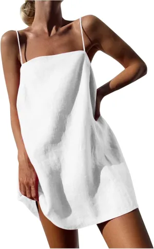 Women Linen Mini Dress Spaghetti Strap Summer Dress Casual Loose Sundress Short Cami Dress Beach Party Sun Dress