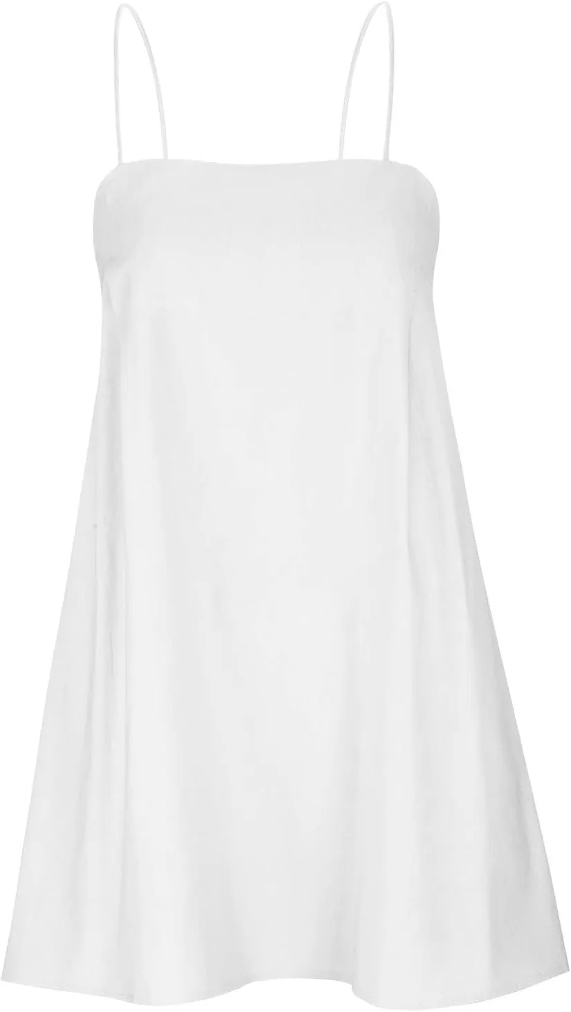 Women Linen Mini Dress Spaghetti Strap Summer Dress Casual Loose Sundress Short Cami Dress Beach Party Sun Dress