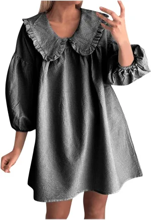Women Oversized Smock Dresses Cute Doll Collar 3/4 Length Puff Sleeve Midi Dress Loose Comfy Beach Casual Sundress