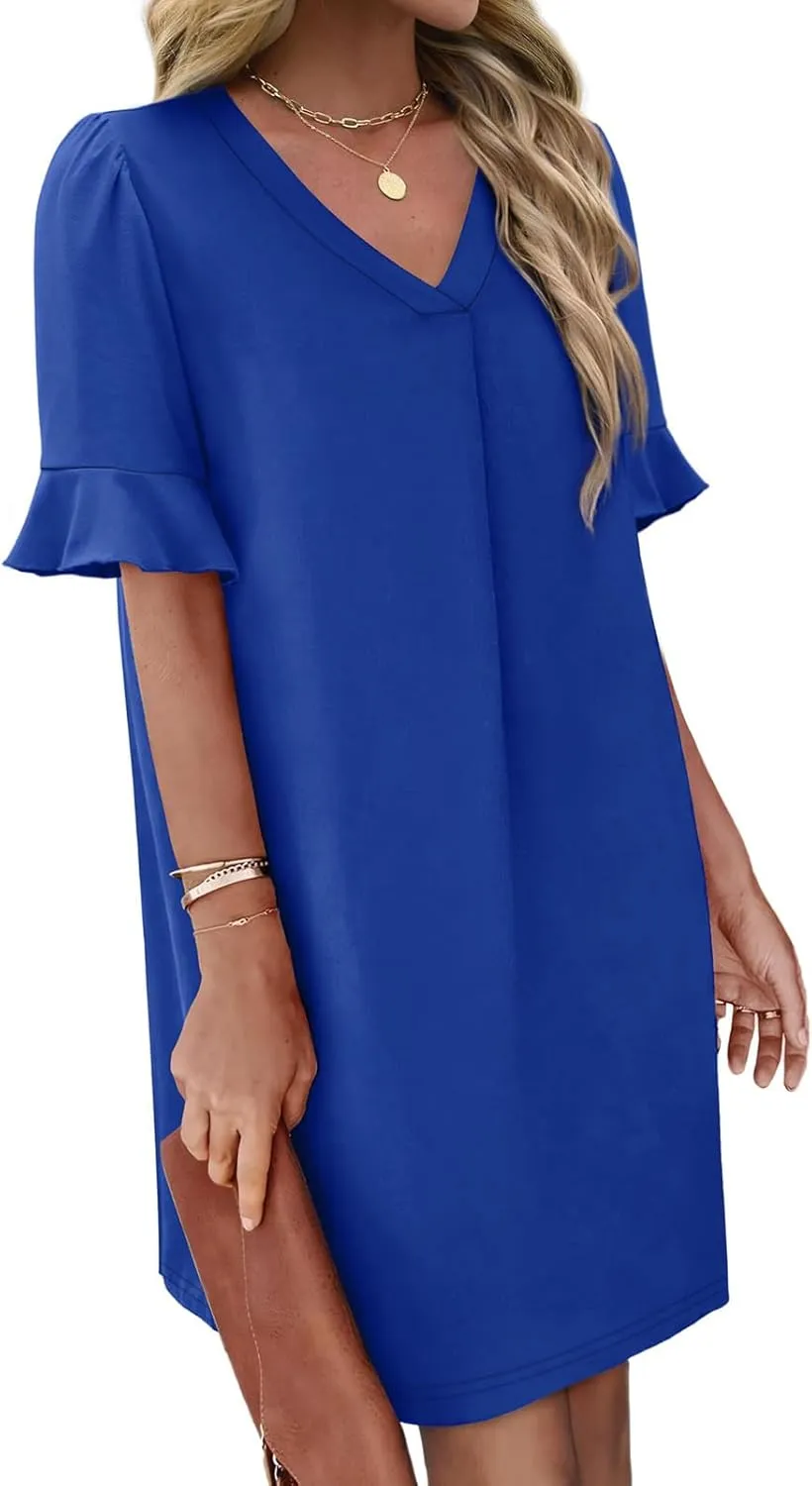 Women Ruffle Short Sleeve Mini Dress Summer V Neck Pleated Dresses Dressy Casual Business Short Dresses with Pocket