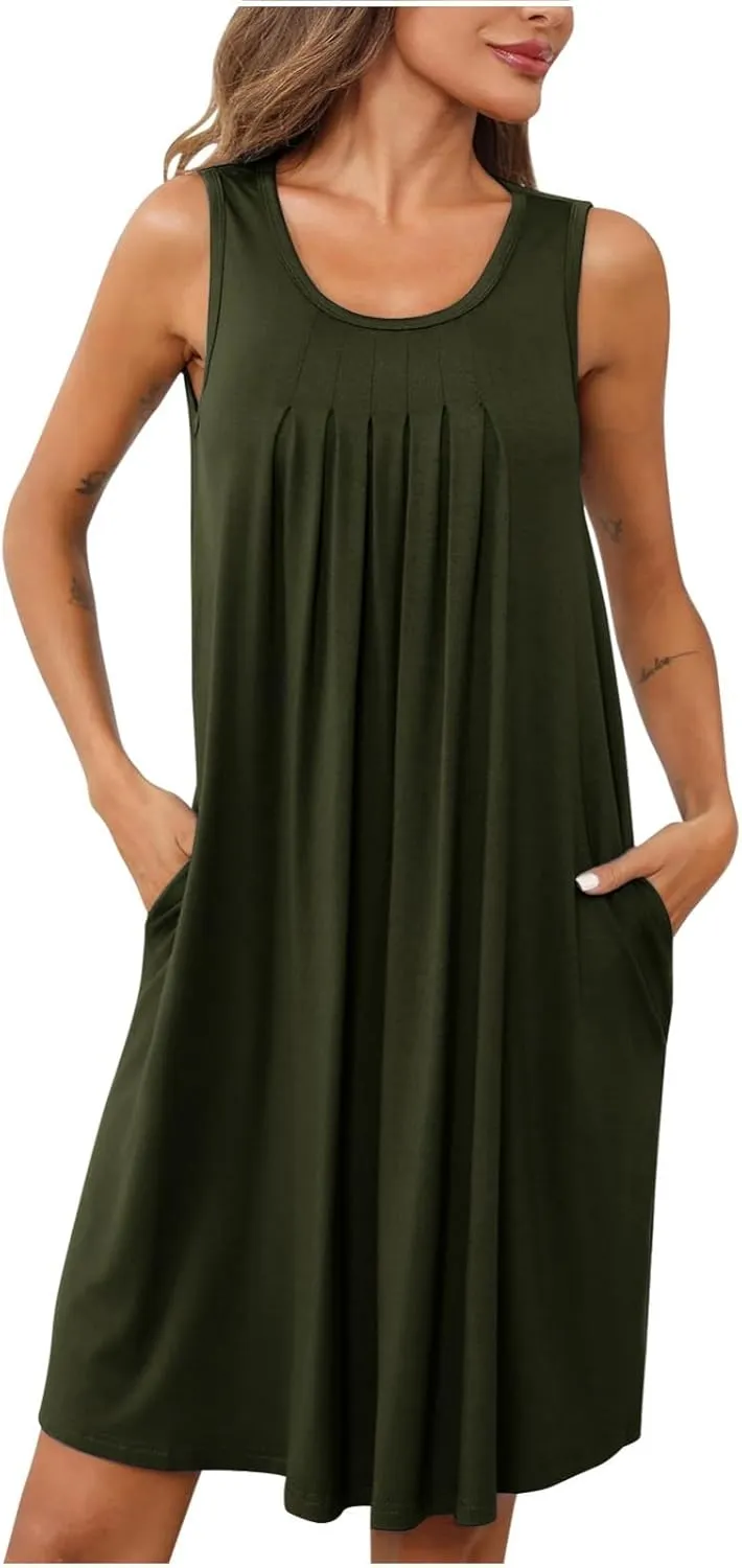 Women's 2024 Summer Casual Loose Beach Sleeveless Midi Sundress with Pockets Swing Solid Ruffle A-Line Dresses