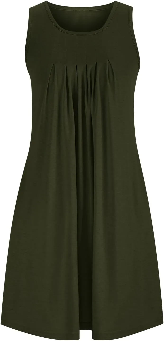 Women's 2024 Summer Casual Loose Beach Sleeveless Midi Sundress with Pockets Swing Solid Ruffle A-Line Dresses
