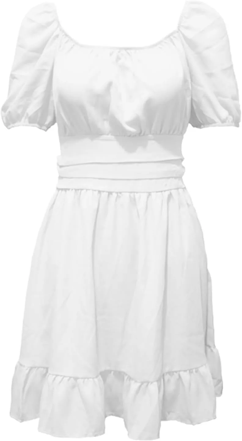 Women's Chiffon Tie Back Casual Dress Square Neck Short Puff Sleeve Dresses A Line Summer Beach Vacation Mini Sundress