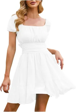 Women's Chiffon Tie Back Casual Dress Square Neck Short Puff Sleeve Dresses A Line Summer Beach Vacation Mini Sundress