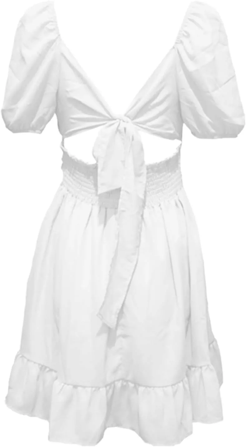 Women's Chiffon Tie Back Casual Dress Square Neck Short Puff Sleeve Dresses A Line Summer Beach Vacation Mini Sundress