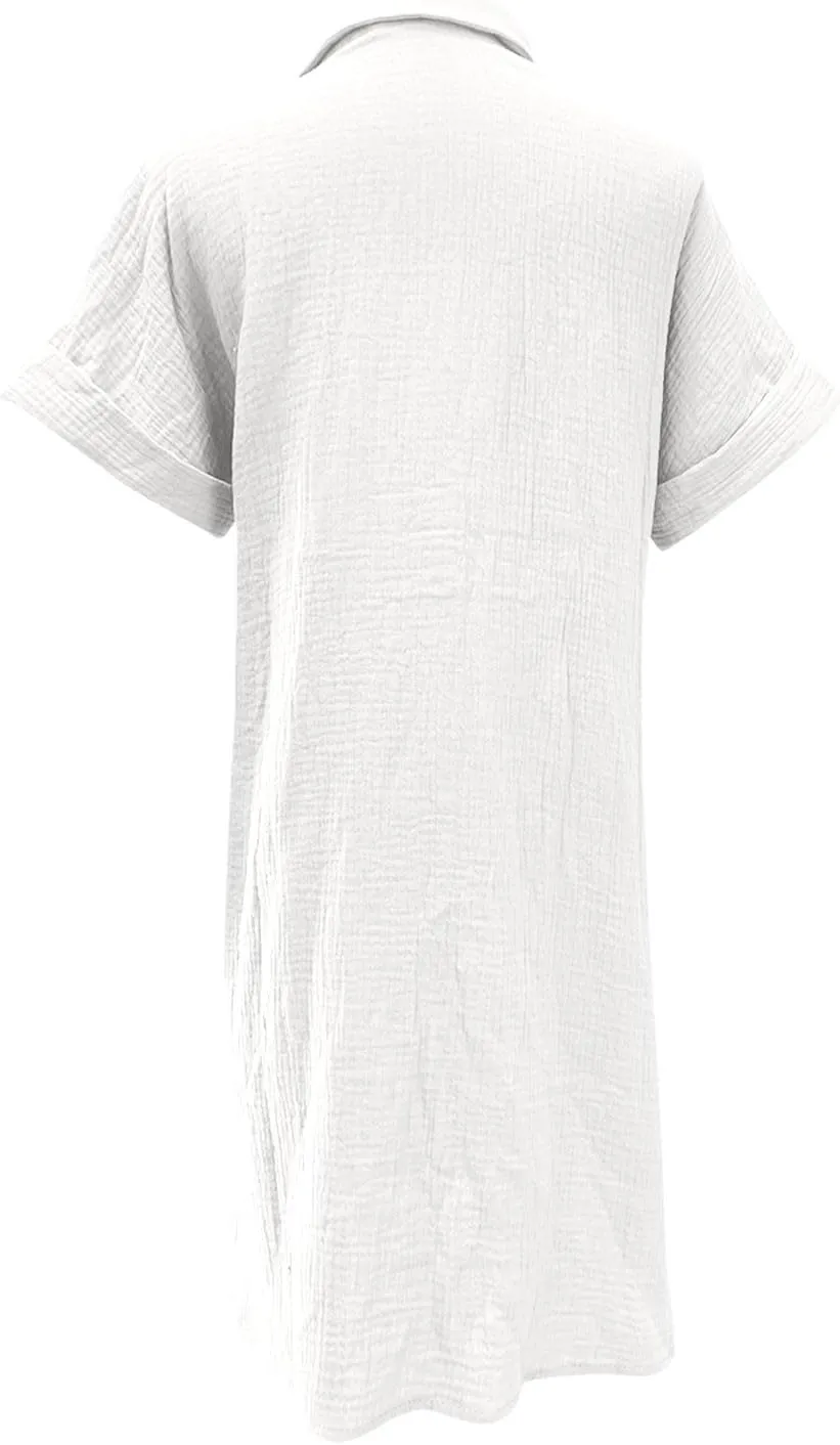 Womens Shirts Dresses Fashion Solid Color Cotton Short Sleeves Button up Lapel Midi Dress Summer Beach Sundress