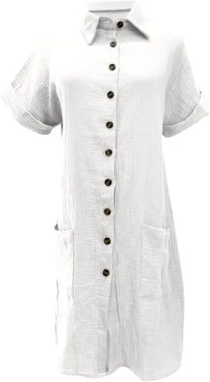 Womens Shirts Dresses Fashion Solid Color Cotton Short Sleeves Button up Lapel Midi Dress Summer Beach Sundress